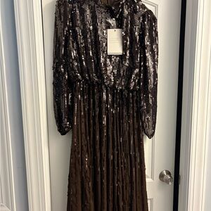 Mac Duggal Sequin Long Sleeve Dress in Black and Brown